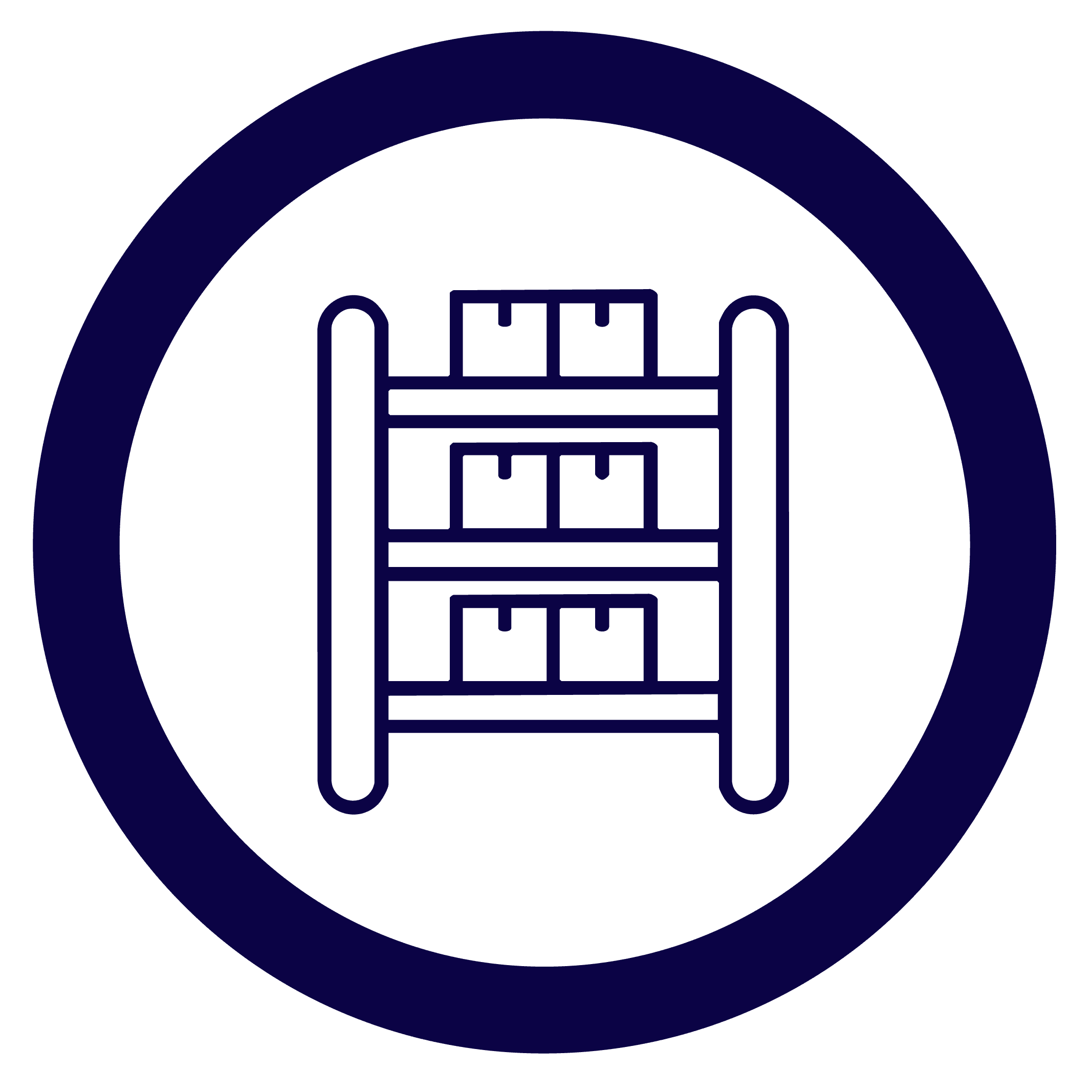 circle icon in blue of a section of racking with boxes on it