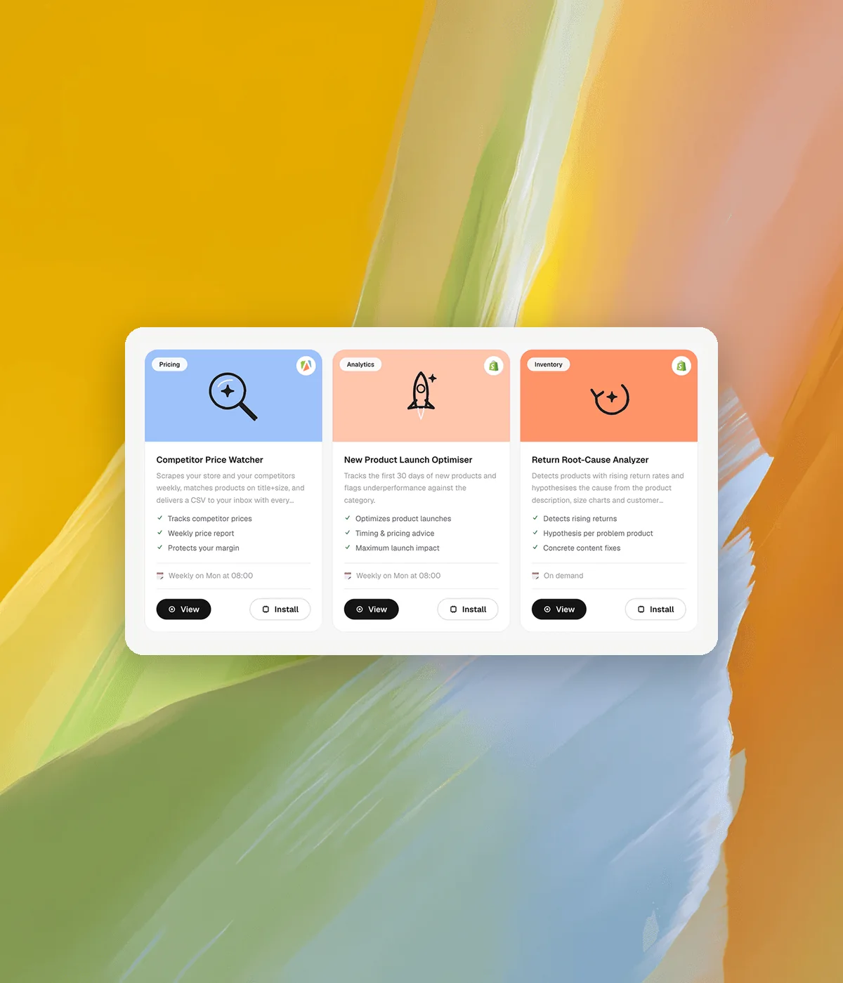 Three Commerce365 agents: Competitor Price Watcher, New Product Launch Optimiser and Return Root-Cause Analyzer