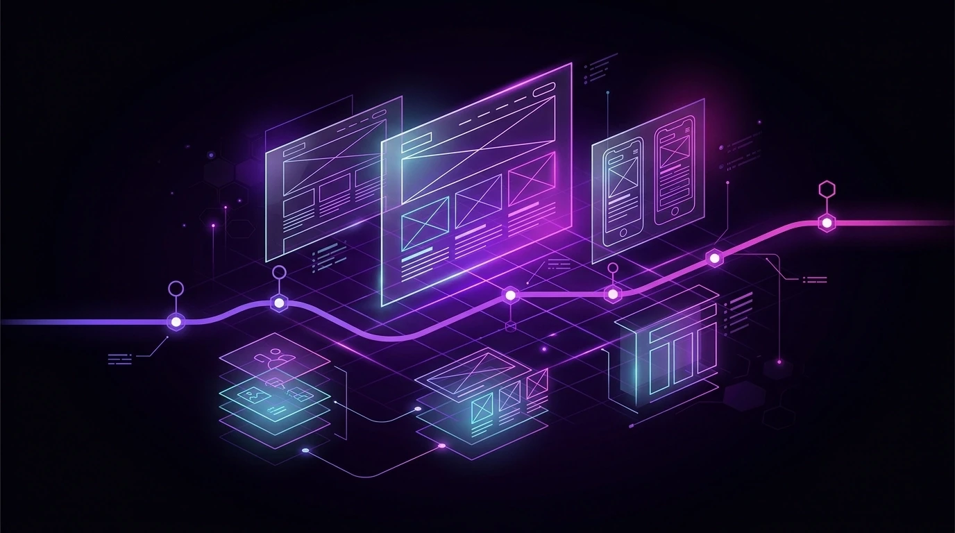 Transparent Blueprints — A sleek vector illustration of layered website wireframes, roadmap lines, milestone nodes, and an open glowing blueprint grid in violet and magenta on a deep black background.