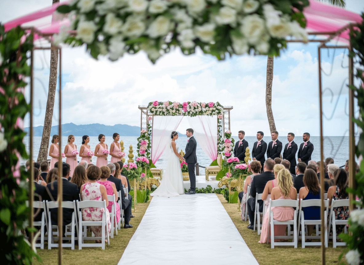 Beachfront wedding ceremony at Uprising Beach Resort, Pacific Harbour, Fiji, with bride, groom & guests.