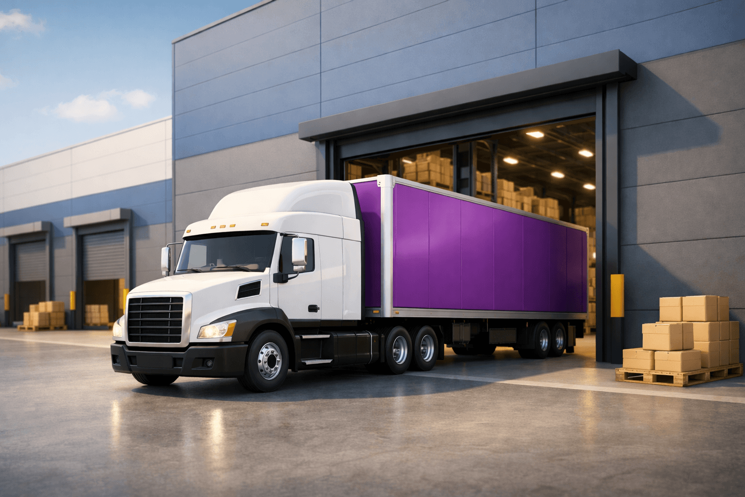 Caminhão de frete com carreta roxa saindo de um galpão de distribuição, com docas de carregamento e pallets de caixas ao lado, em ambiente logístico industrial.