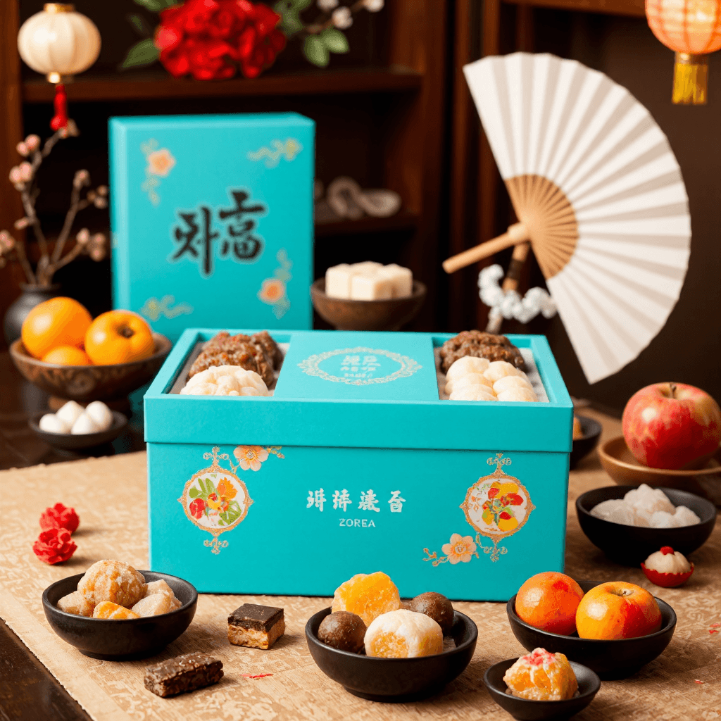 product photography of a box of assorted traditional Korean sweets