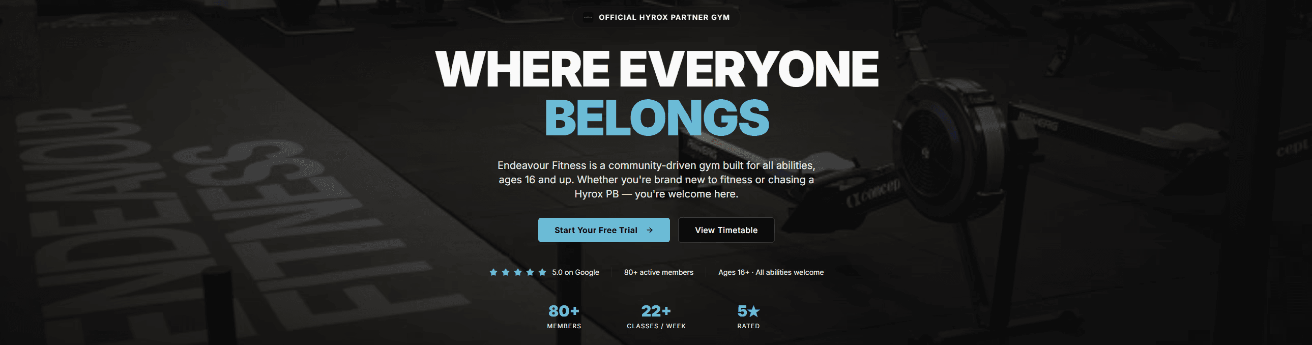 Screen grab image of hero section of Endeavour Fitness gym interior with ‘Where Everyone Belongs’ message promoting inclusive community fitness