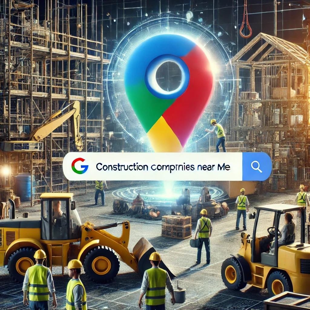 Ouvriers travaillant sur un chantier de construction, avec une carte Google en arrière-plan mettant en évidence l'importance de la visibilité locale pour les entreprises BTP.