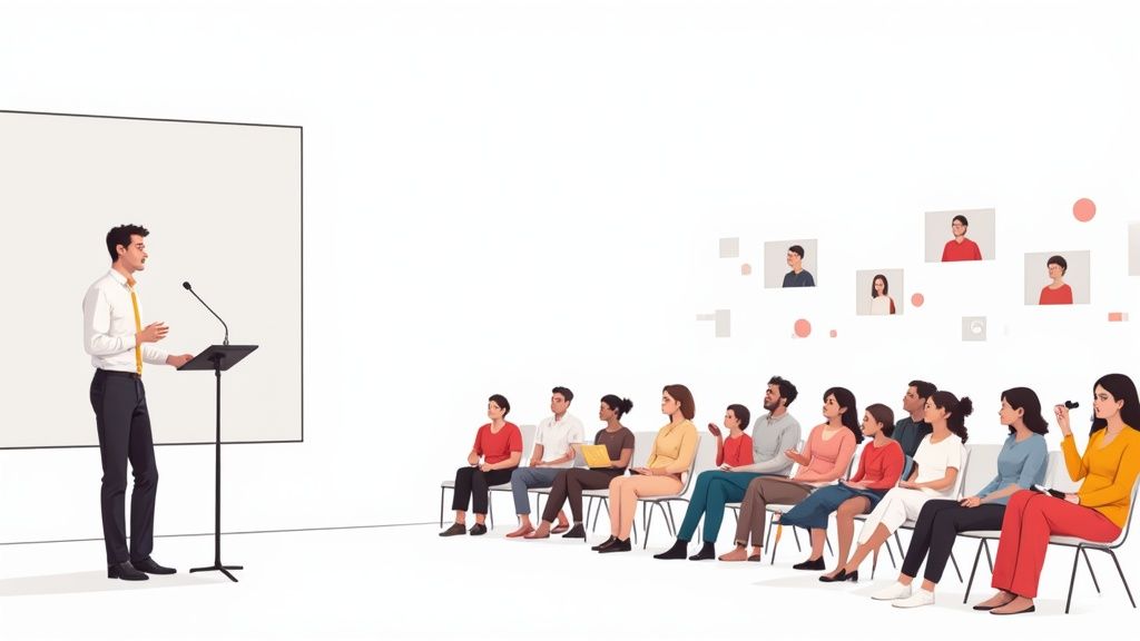 A man presents at a podium to a seated audience and virtual participants on screens.