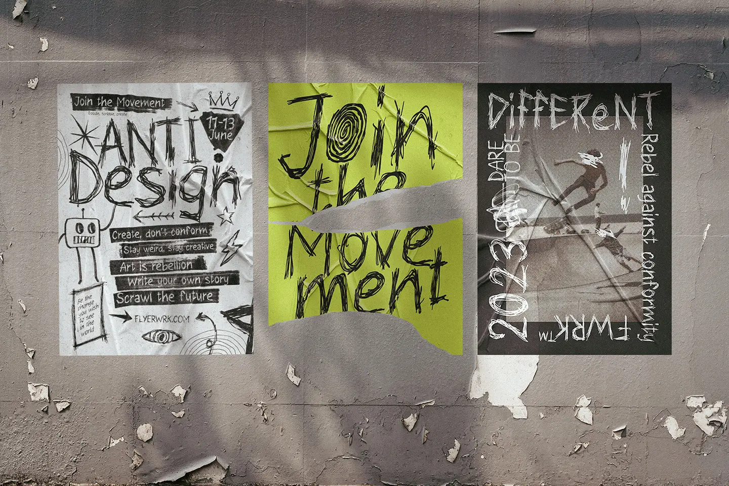 Street poster mockups using Scrawlpunk font for anti design movement and rebel themed graphic layouts