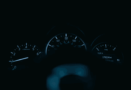 Vehicle dashboard with glowing speedometer and gauges at night, representing safe driving and awareness on the road.