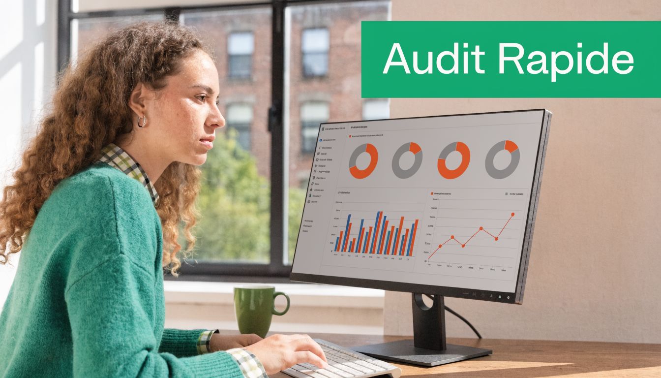 Une femme travaillant sur un ordinateur affichant des graphiques analytiques pour un audit rapide de site web.