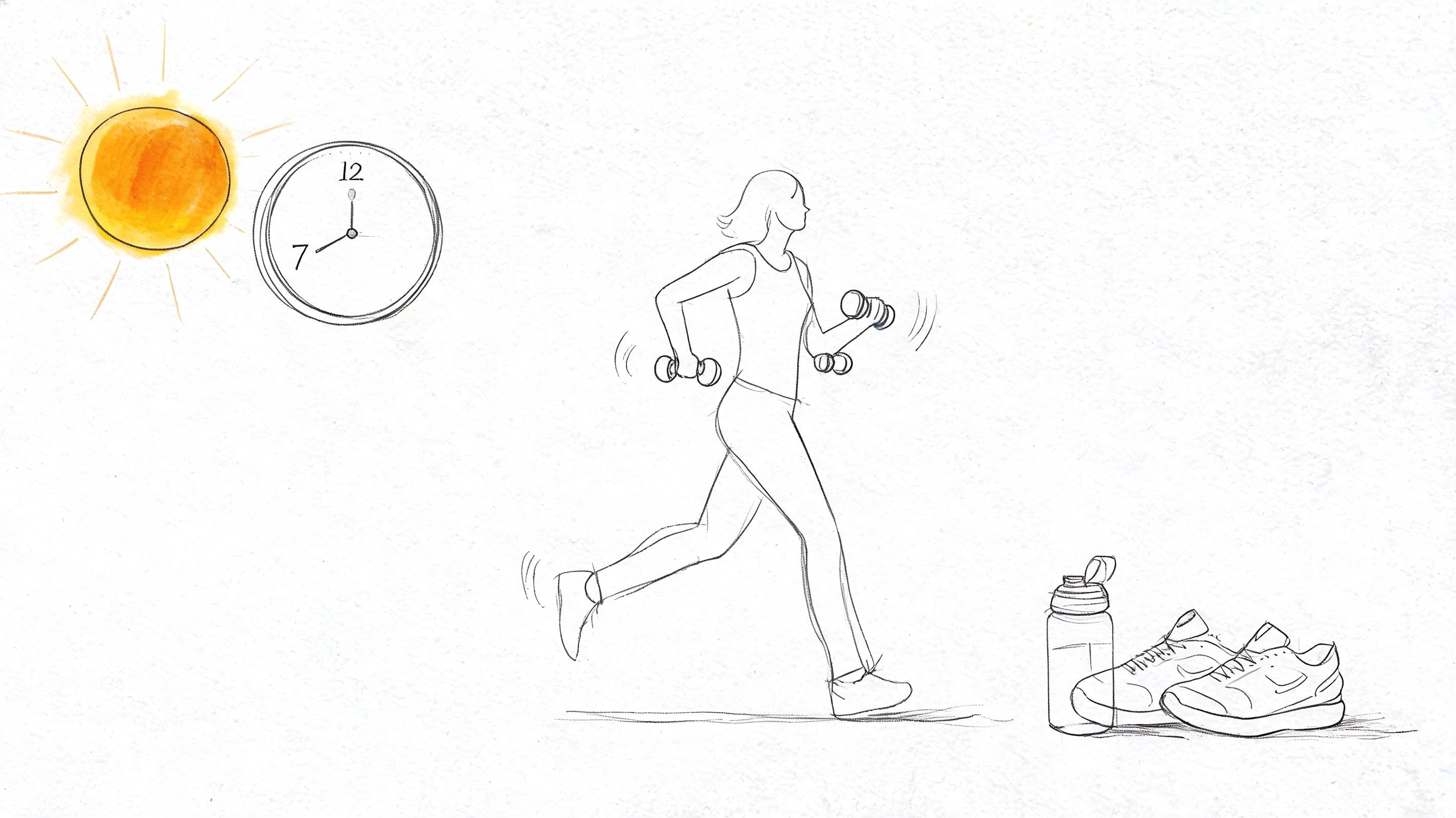 A line drawing of a woman exercising with dumbbells at seven o'clock under the sun.