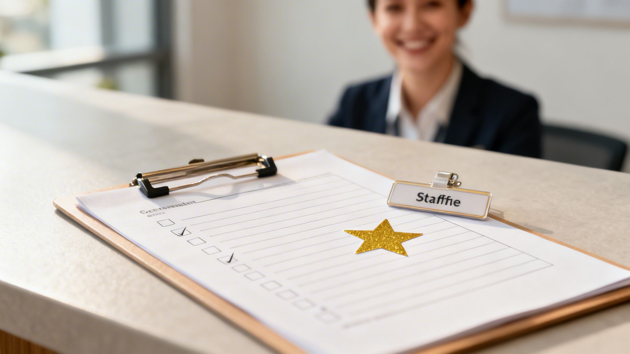 A clipboard with a checklist, a gold star, and 'Staffie' name tag, with a smiling employee.