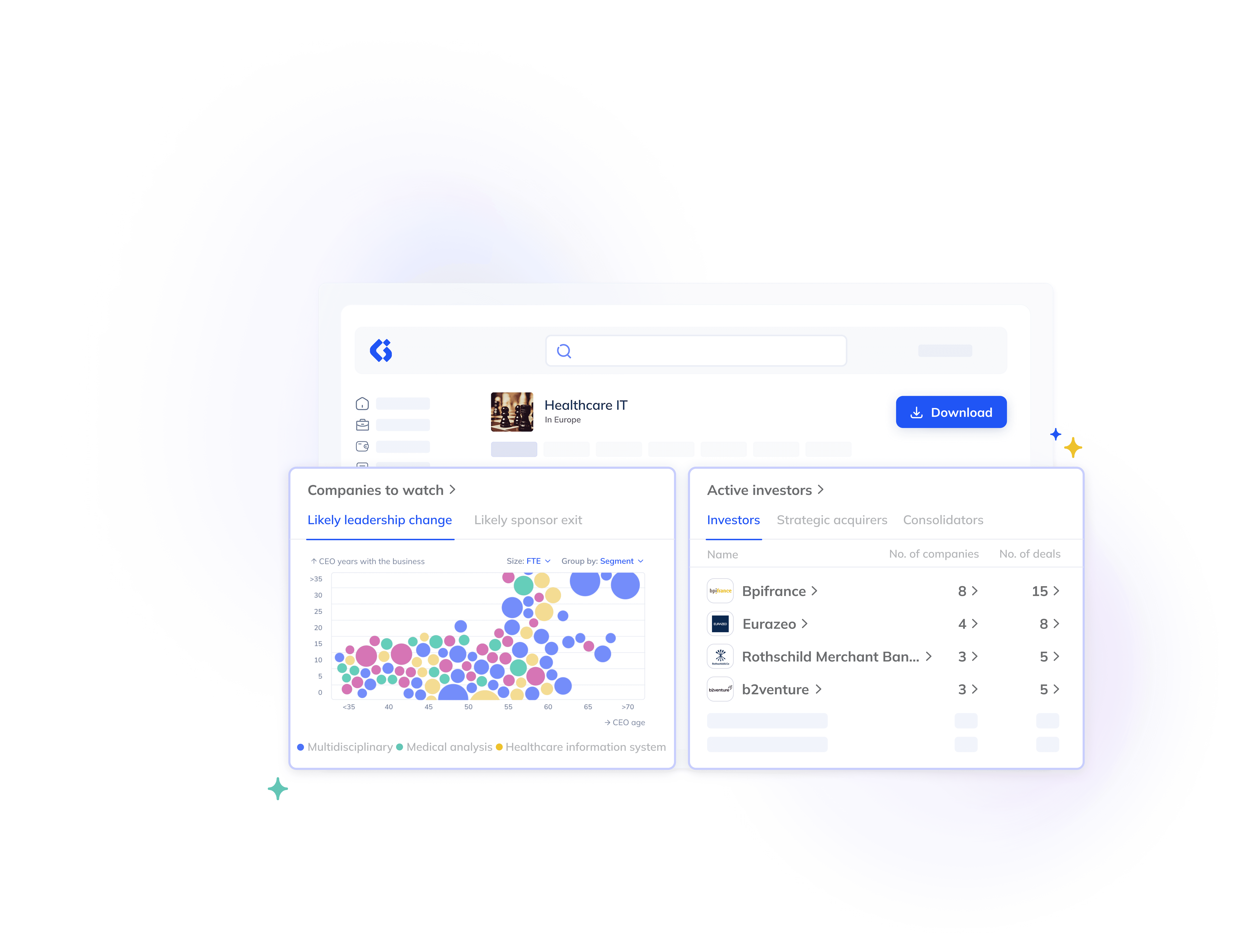 A digital dashboard displays a scatter plot labeled "Companies to watch" and a list of "Active investors" with company names and statistics.