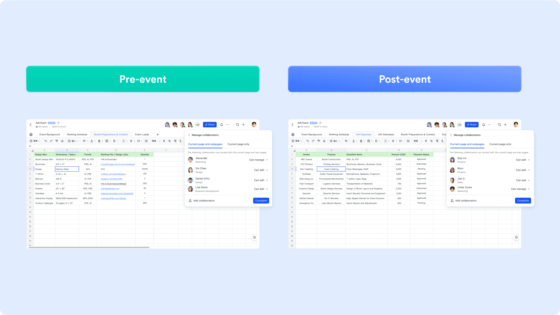 Handle everything from logistics to expenses seamlessly in one sheet