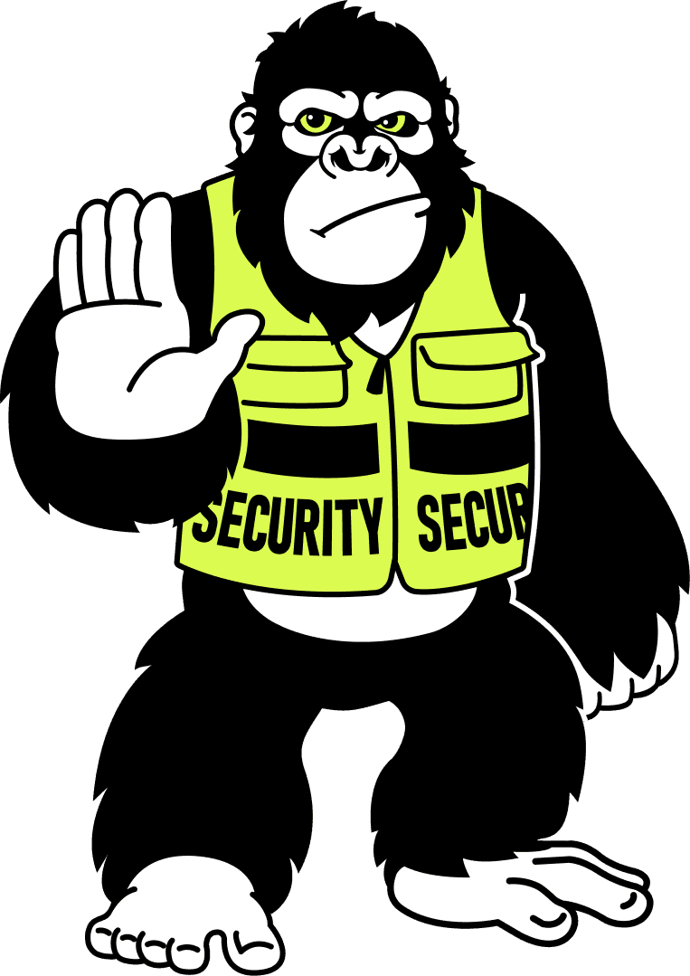 A cartoon gorilla wearing a yellow reflective vest holds up a hand in a stopping gesture.