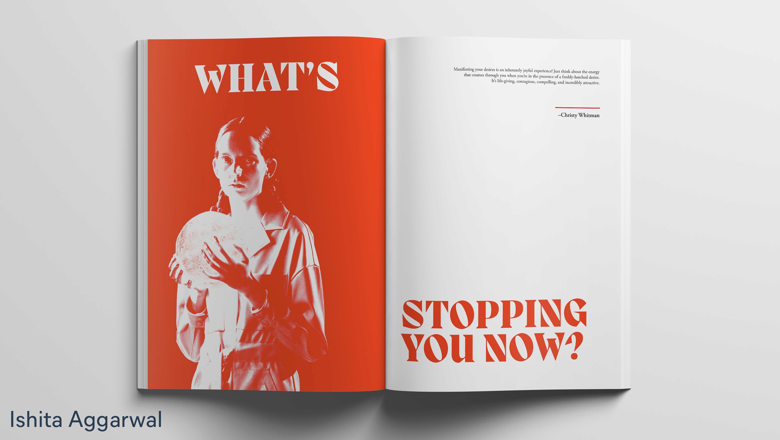 Magazine spread in orange and white, by Ishita Aggarwal