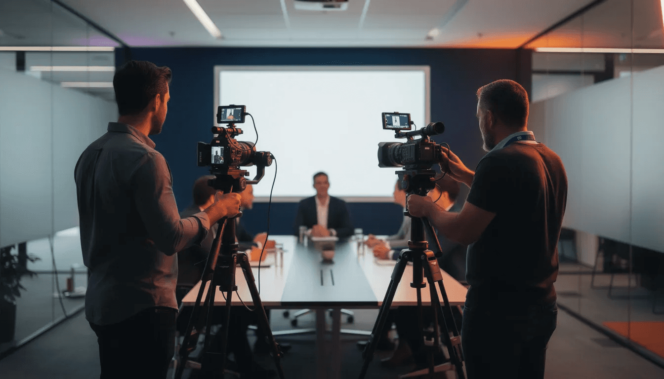 Une équipe de production vidéo professionnelle est en train de filmer un événement d'entreprise dans une salle de conférence moderne, entourée de caméras cinématographiques haut de gamme et de stabilisateurs. Les couleurs dominantes de la scène sont un bleu profond et un orange vif, reflétant l'engagement de l'entreprise envers une communication de qualité sur les réseaux sociaux.