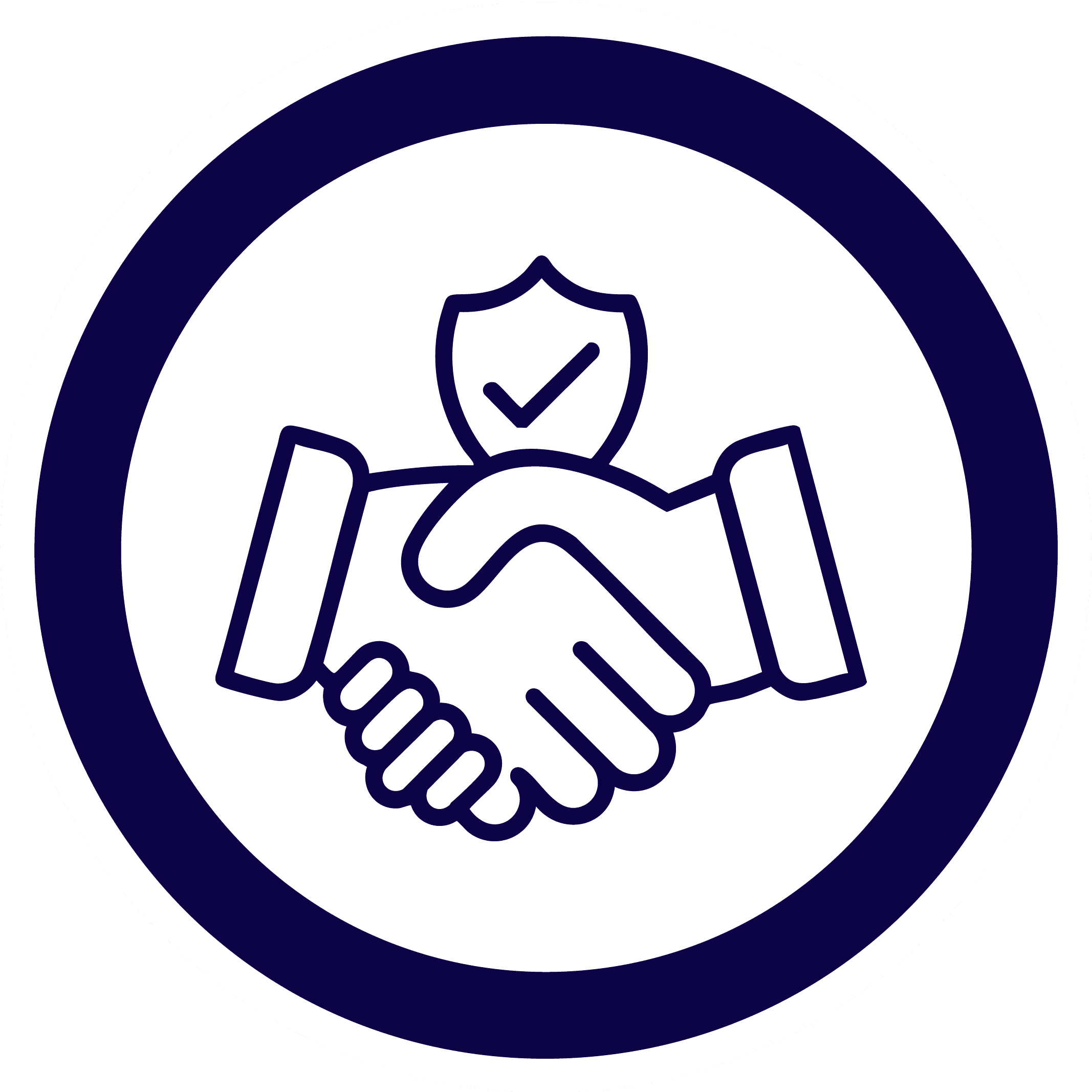 circle icon of two hands shaking with a sheild in the bacground with a tick on it in a blue circle