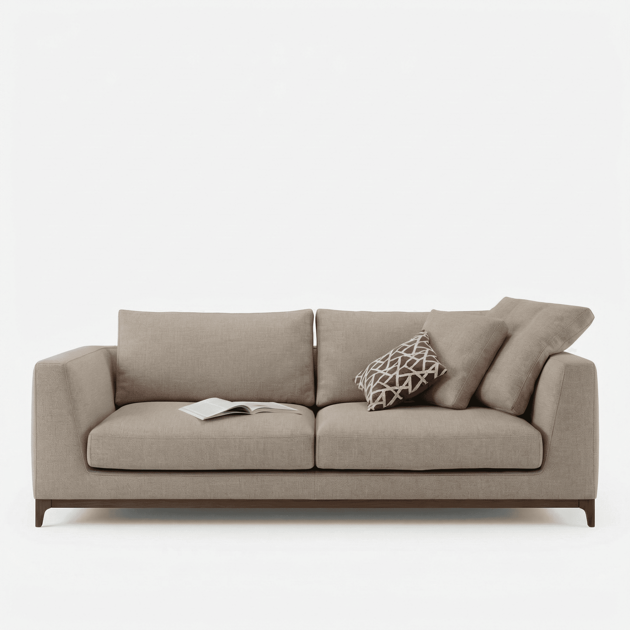 Neutral fabric seating with straight cushions and low wooden base