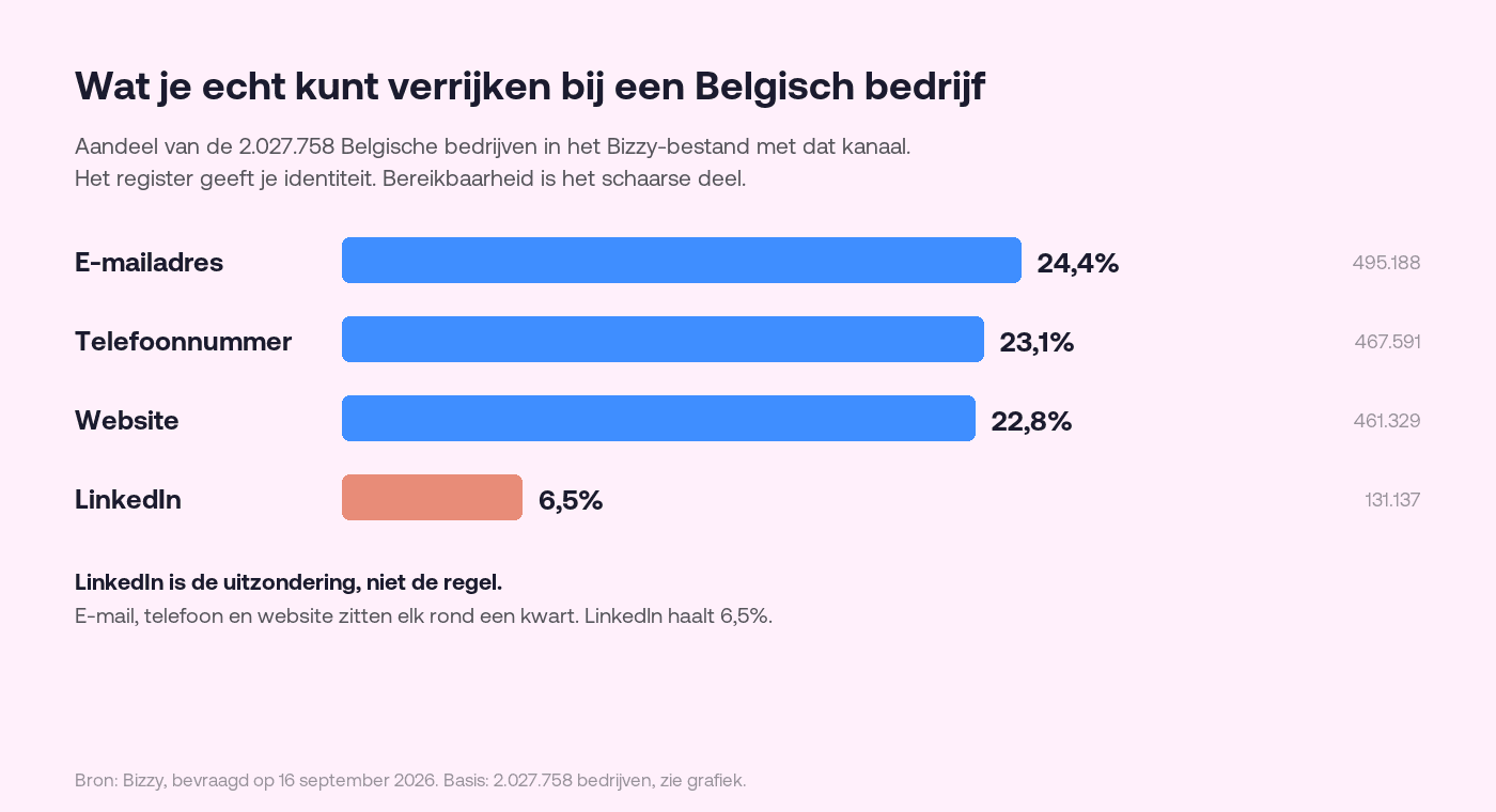 Staafdiagram met het aandeel van de 2.027.758 Belgische bedrijven in het Bizzy-bestand dat elk kanaal op naam heeft staan: e-mailadres 24,4 procent, telefoonnummer 23,1 procent, website 22,8 procent en LinkedIn 6,5 procent.