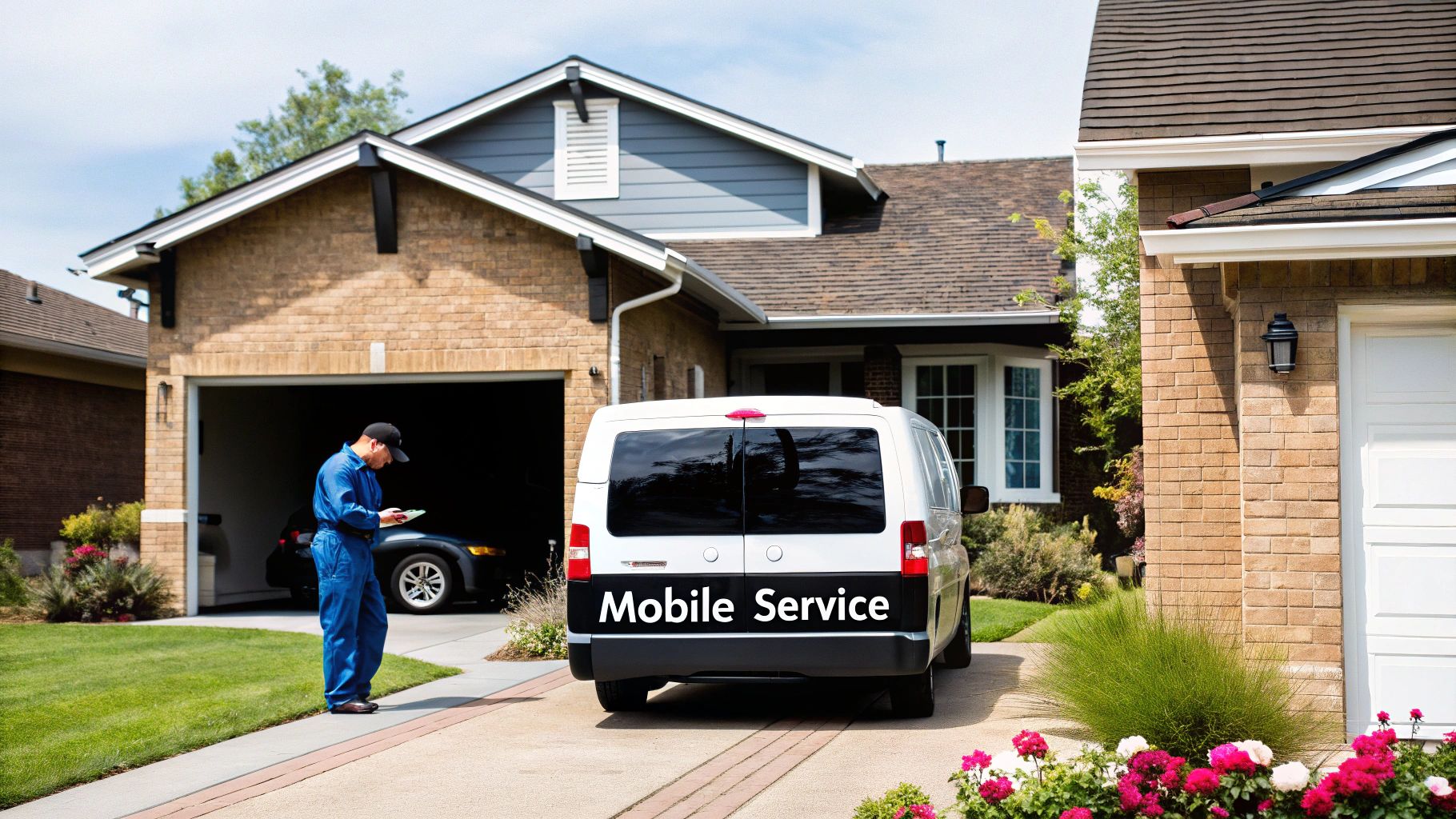 A skilled auto glass technician carefully installing a new windshield on a modern car in a workshop.