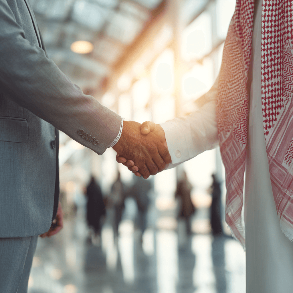 An Arabian businessman shaking hands with a foreign businessman.