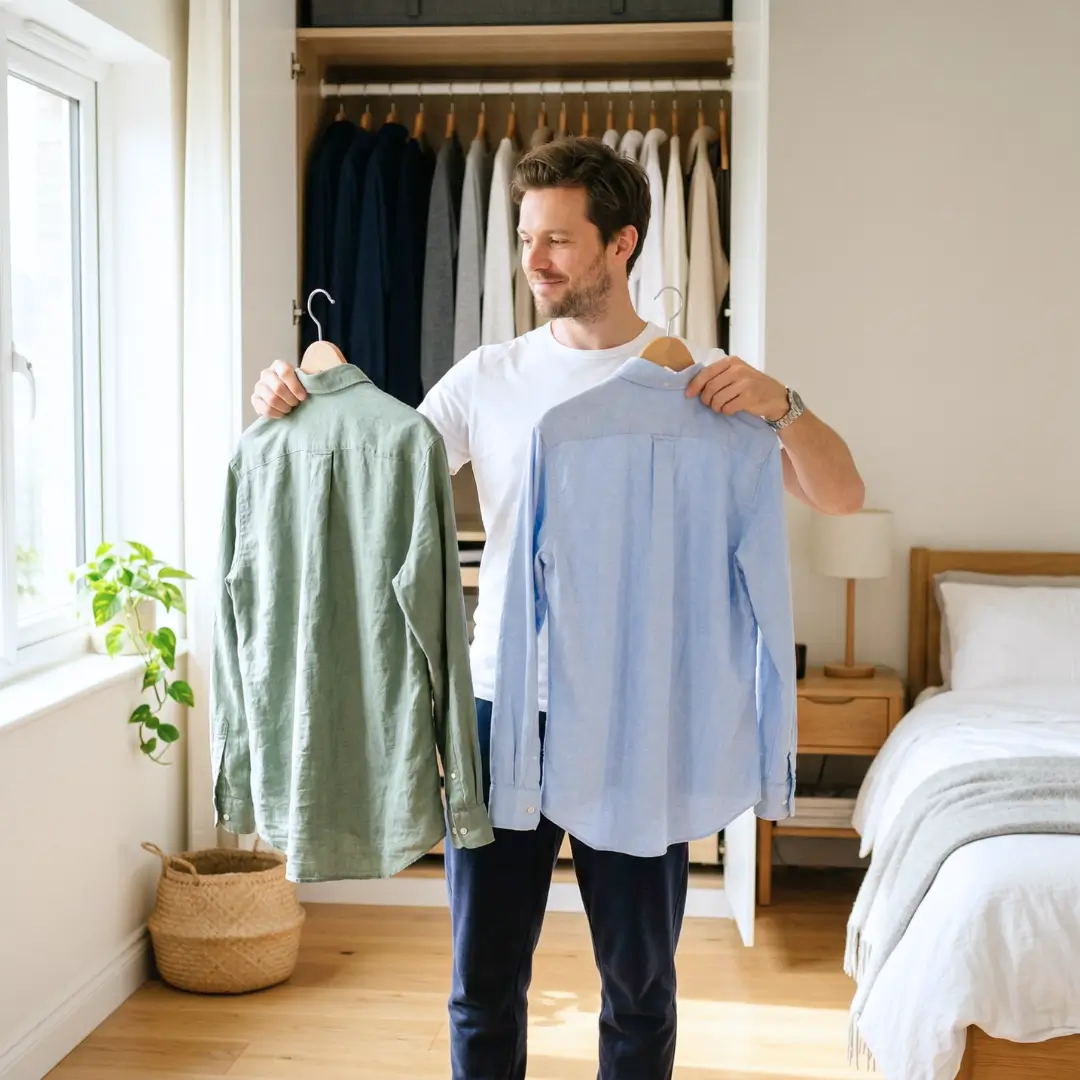 A man holds up two different colored shirts in front of a closet, illustrating a shopping app feature that encourages users to track multiple product variants or "backup favorites" to ensure they don't miss out during price drops or stock shortages.