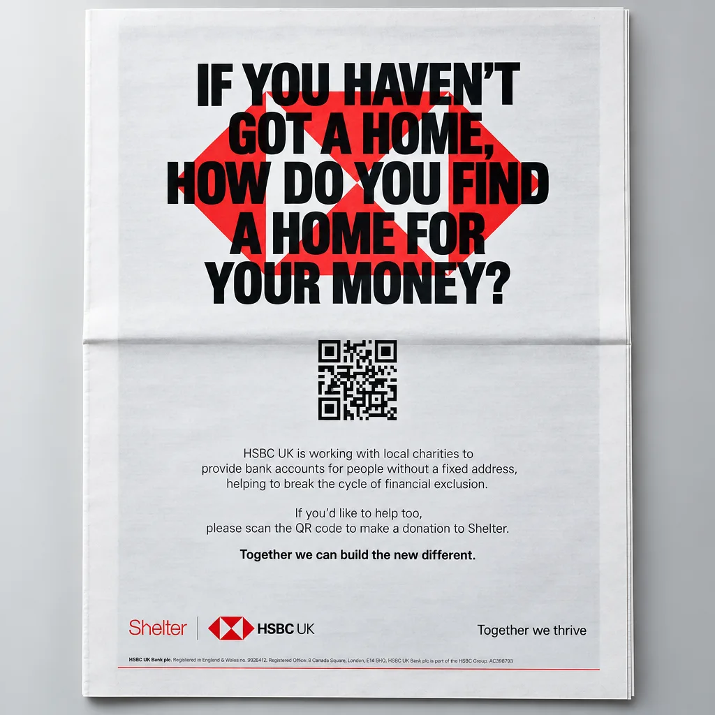 HSBC UK Shelter newspaper ad If you haven't got a home how do you find a home for your money QR code donation