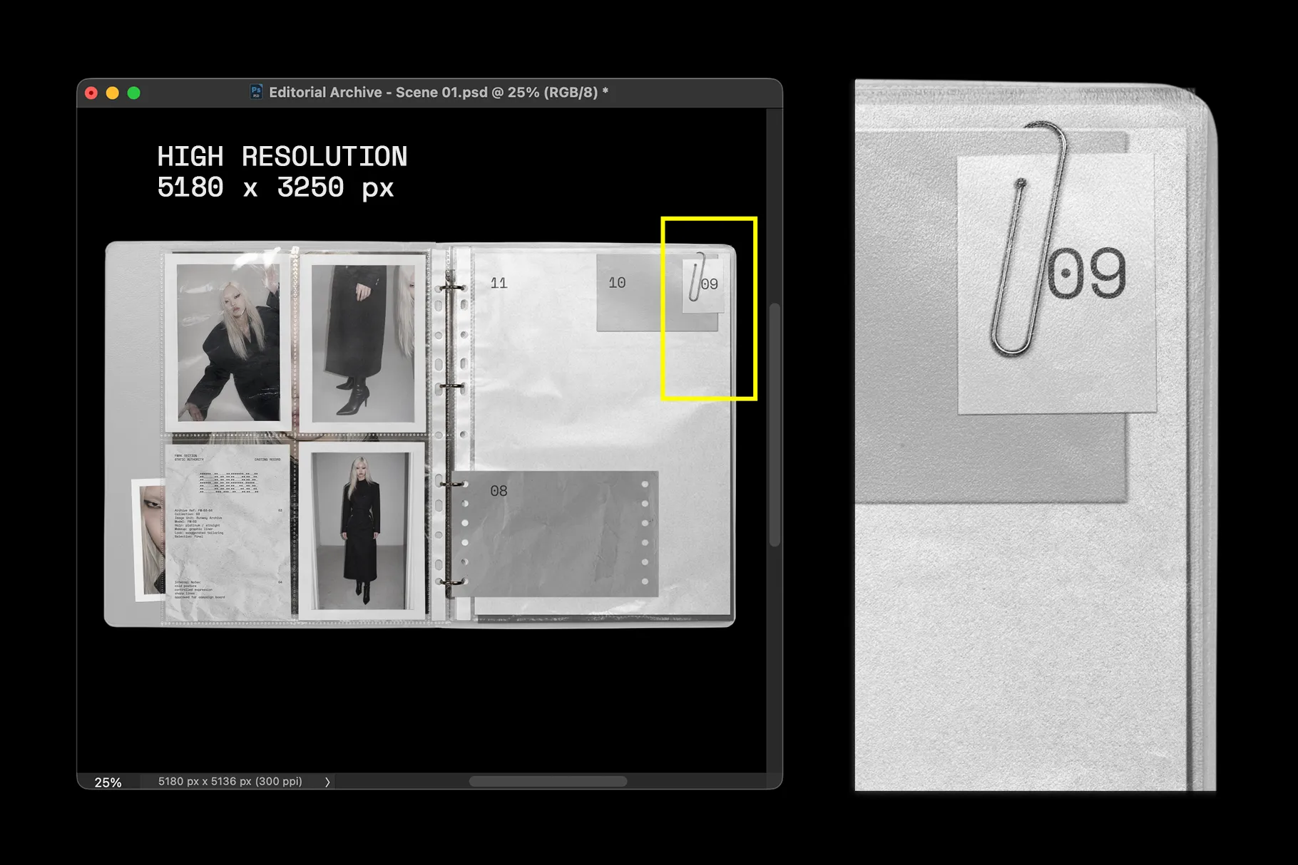 Editorial Archive Mockup Kit high resolution preview with zoomed paperclip detail