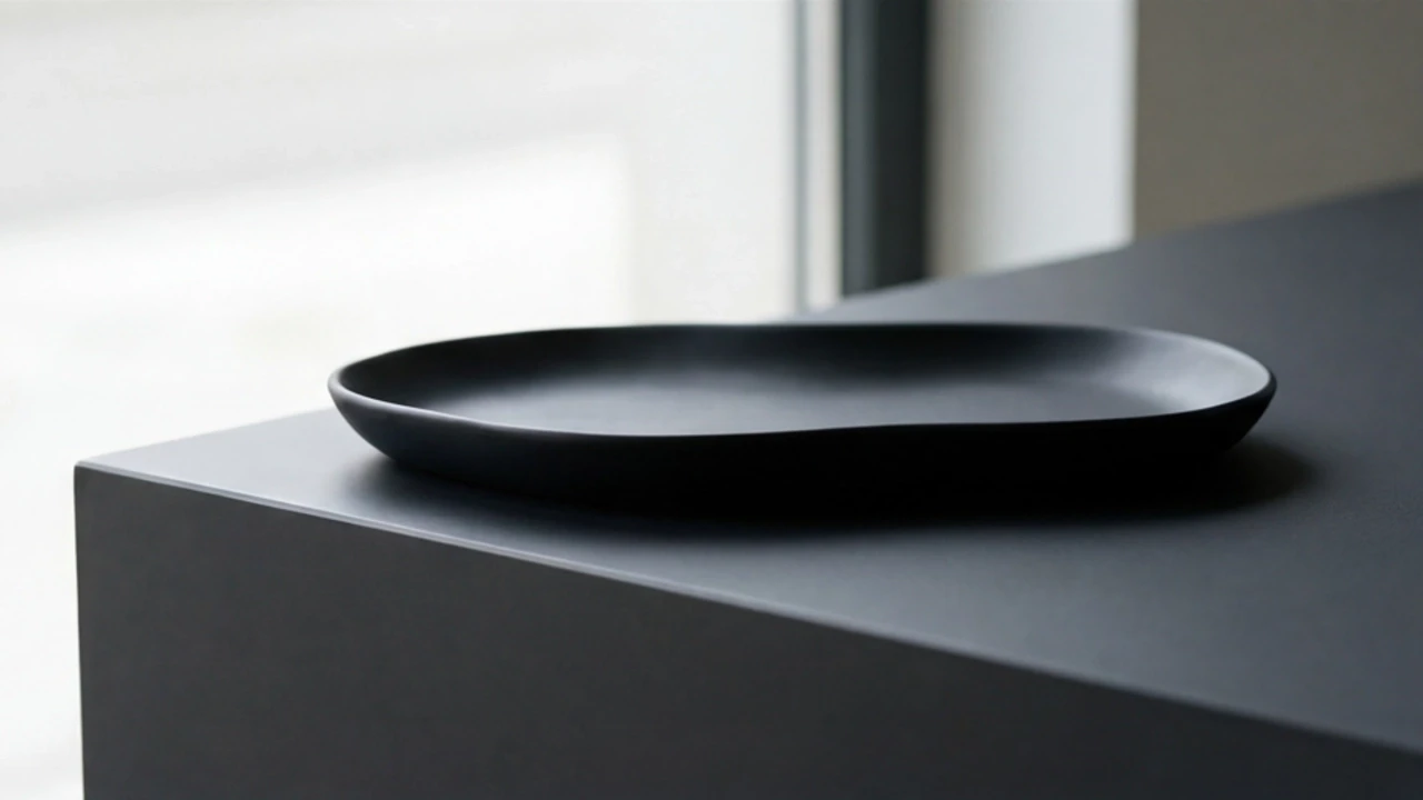 A matte black, organically shaped decorative tray resting on a dark grey geometric block.