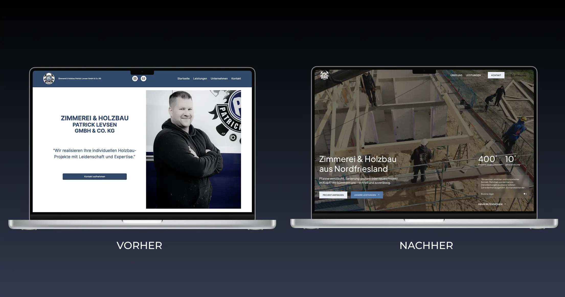 Vorher / Nachher bild der Zimmerei Levsen Website