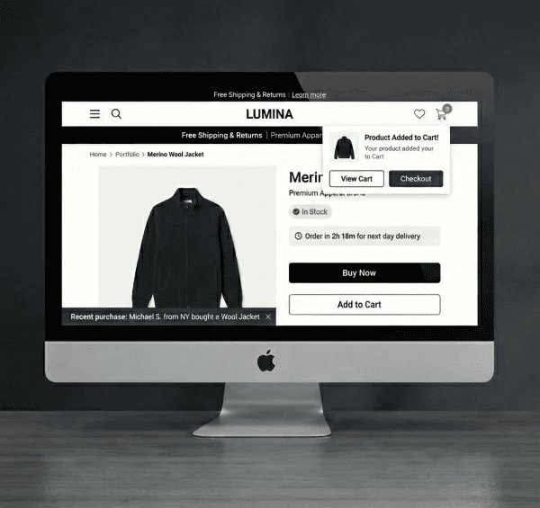 Clean e-commerce product page design for a fashion brand featuring a user-friendly "Added to Cart" popup and seamless checkout UI by Mahendra R.