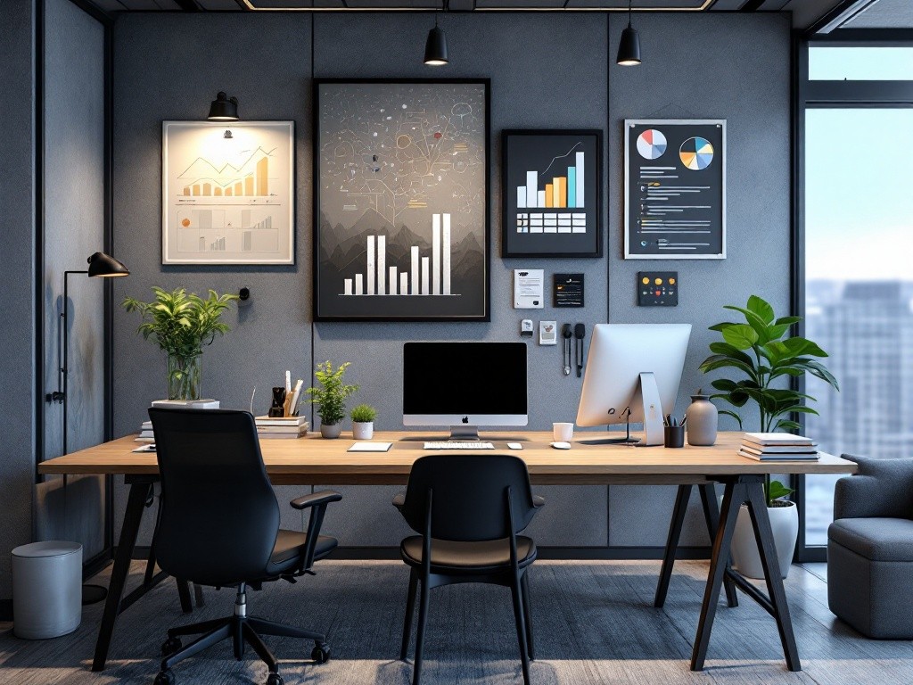 A modern office workspace with two black chairs, a wooden desk, and various charts and graphs on the wall.