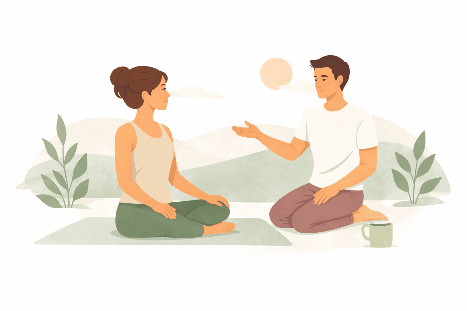Two people sit on the ground, engaged in a conversation, surrounded by soft greenery and a serene background.