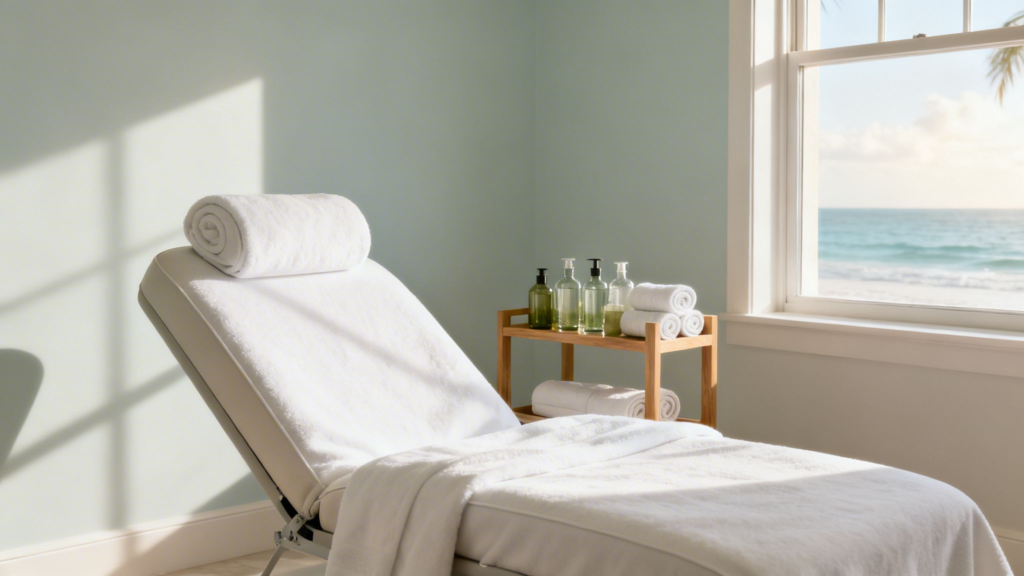 A serene spa room with a massage table, spa products, and a window offering a relaxing beach view.