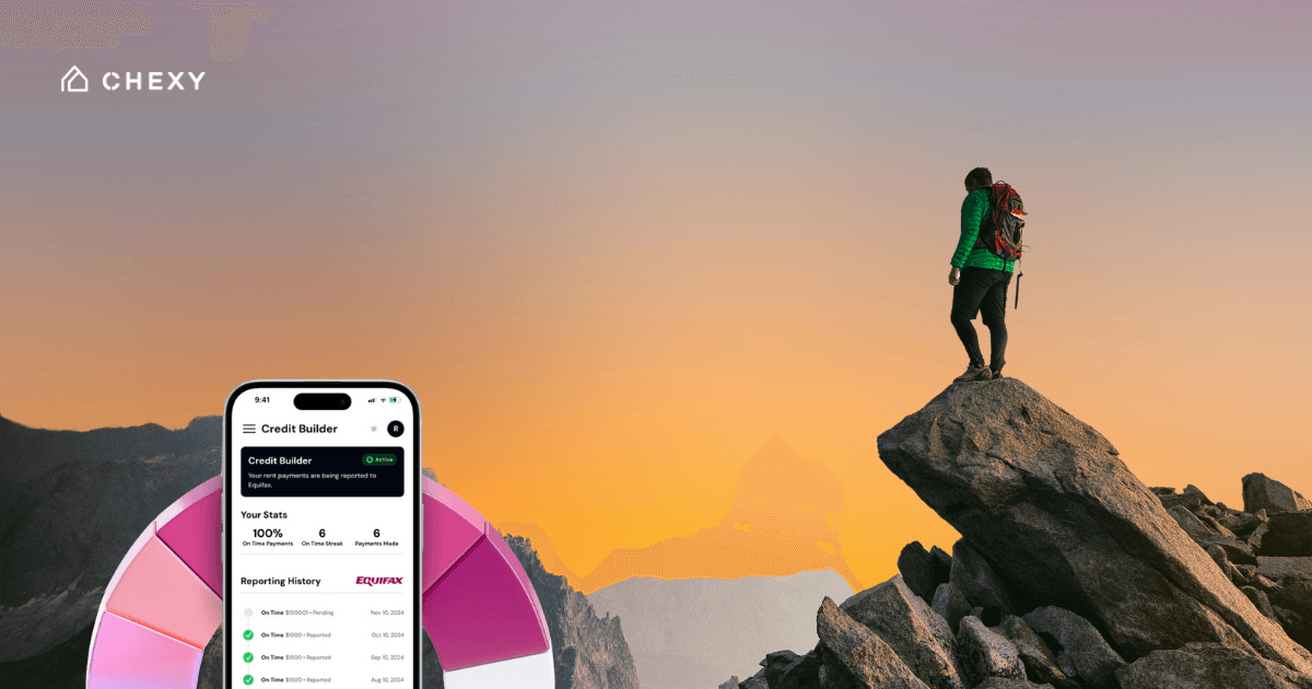 Someone standing at the top of a cliff at sunrise with the Chexy Credit Builder in the corner