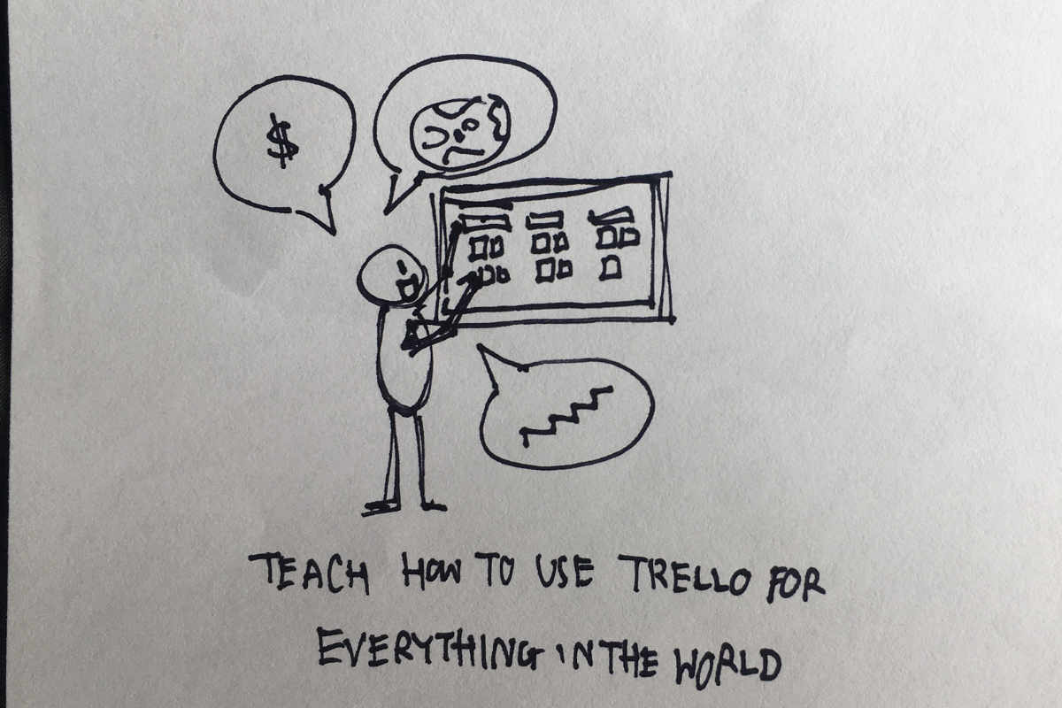 A stick figure doodle of a guy who uses Trello to explain things in life