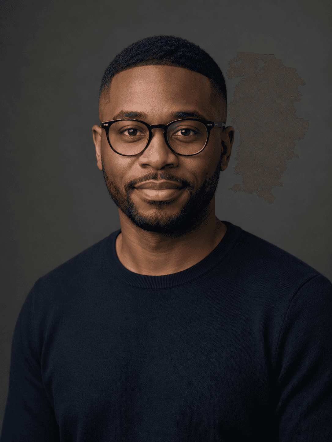 A man wearing glasses and a dark sweater smiles at the camera against a neutral background.