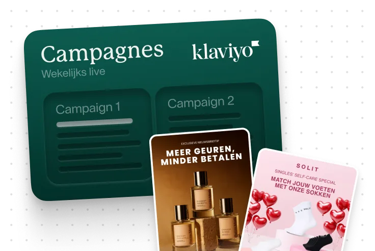 Klaviyo campagnebeheer interface met voorbeelden van e-mailcampagnes voor beautyproducten