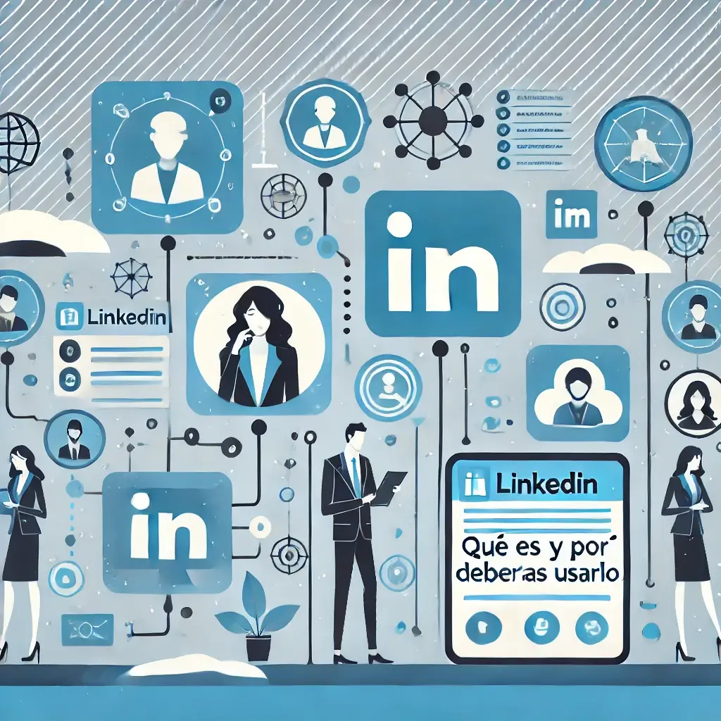 Portada de un artículo sobre LinkedIn, mostrando símbolos de networking, crecimiento profesional y oportunidades de carrera, con un diseño moderno y colores empresariales.