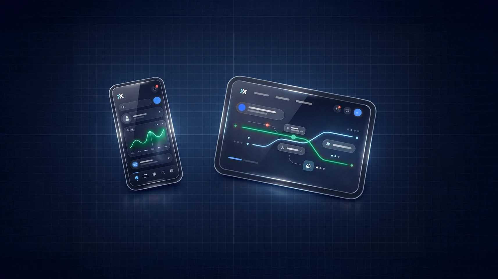 Cinematic abstract animation featuring deep blue digital grids and glassmorphic UI elements, symbolizing complex data architecture and strategic clarity for Nudgix B2B SaaS Product Design Studio