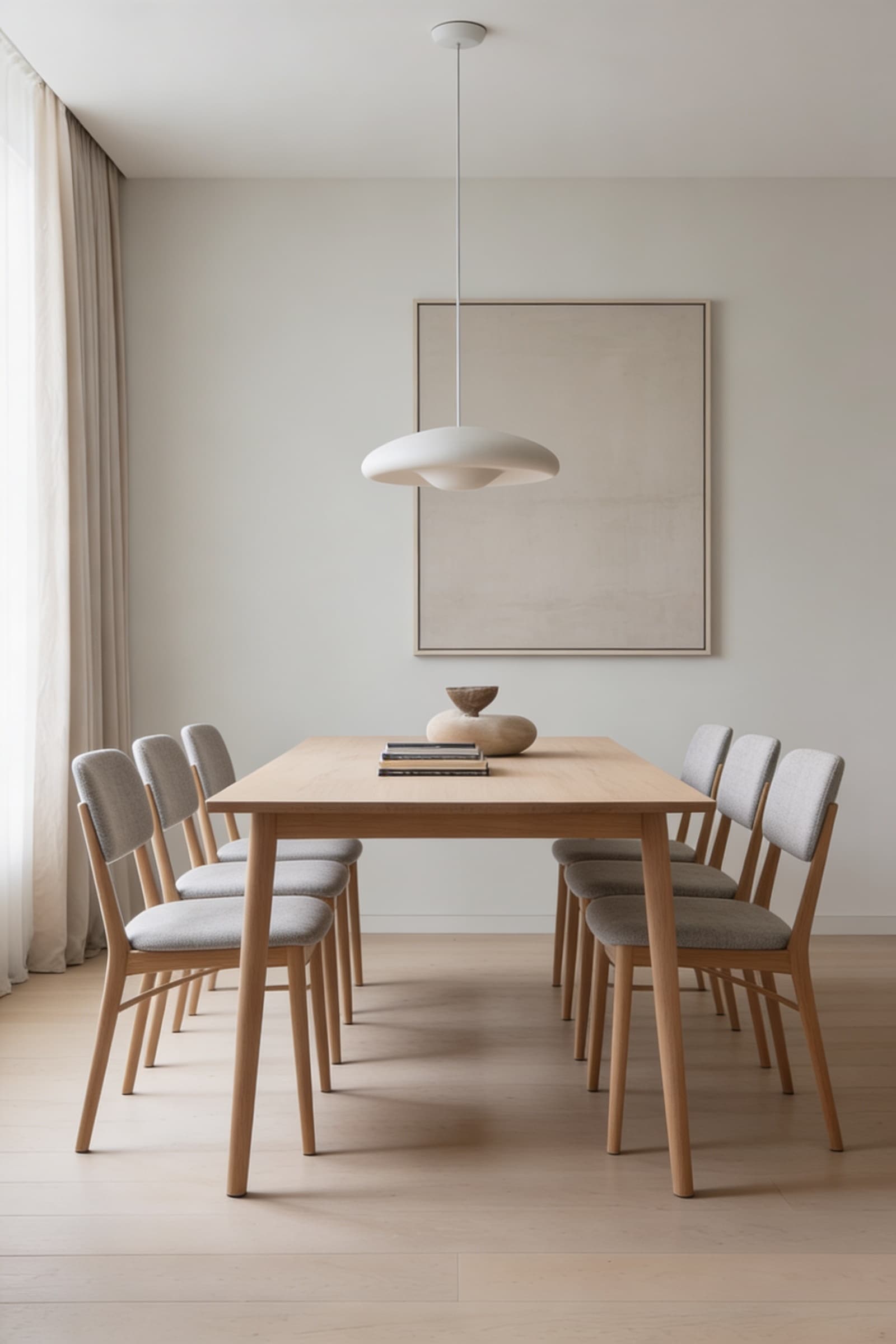 A minimalist dining room features a light wooden table surrounded by six cushioned chairs, with a contemporary pendant lamp, neutral-toned artwork, and soft natural light filtering through sheer curtains, creating an inviting and serene atmosphere.