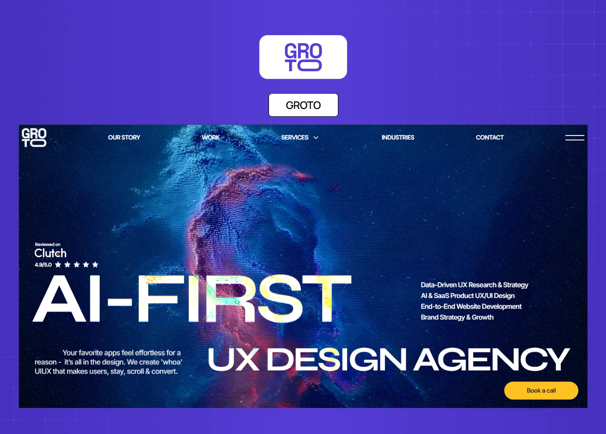 Homepage showcase of Groto, an AI-first UX design agency featuring a bold futuristic visual, large typography, and dark immersive branding.