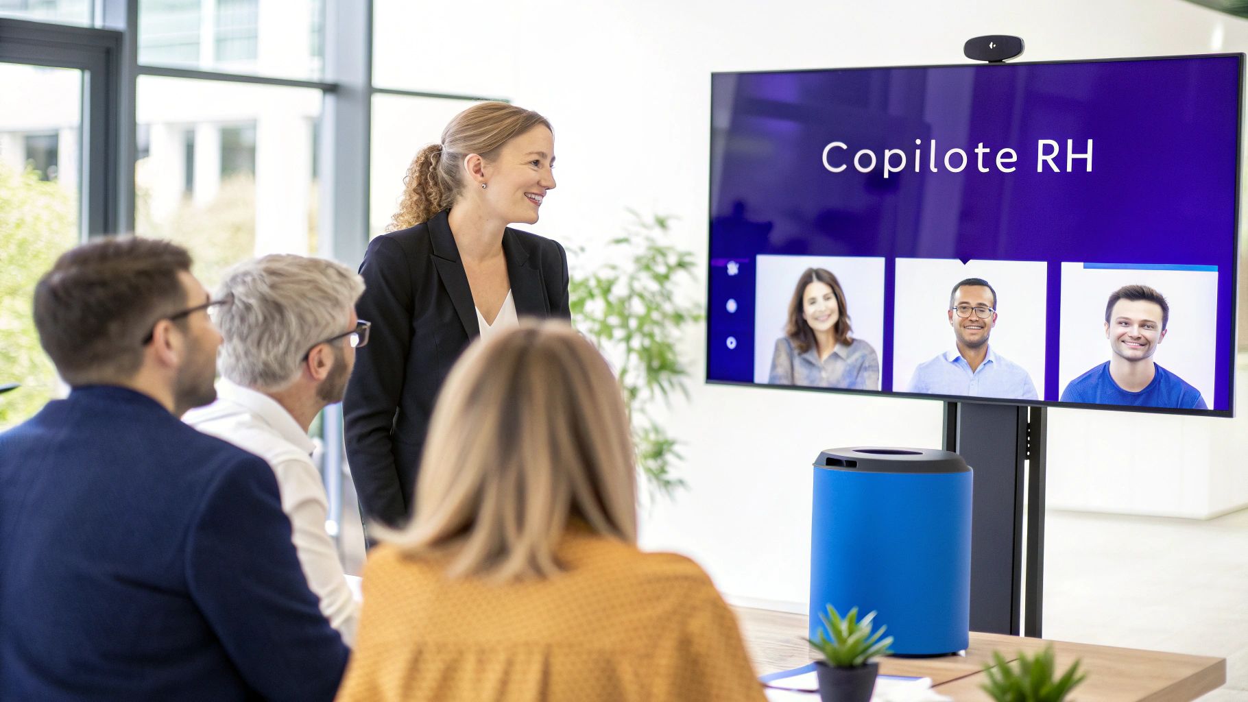 Une femme présente dans une salle de réunion, avec un grand écran affichant une visioconférence et le texte 'Copilote RH' et des participants.