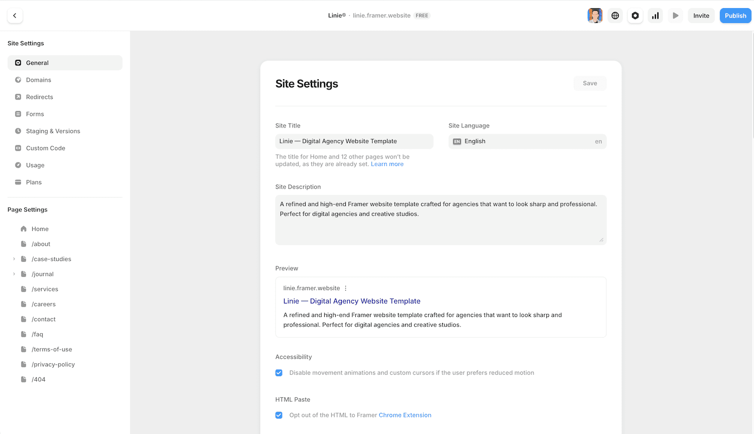 Framer site settings panel 