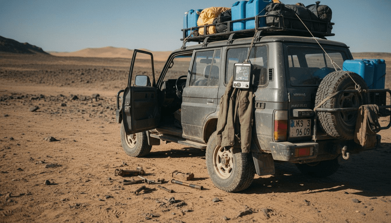 Un aventurier s'apprête à charger son matériel devant son 4x4 avant de partir explorer les paysages sauvages de la Namibie.
