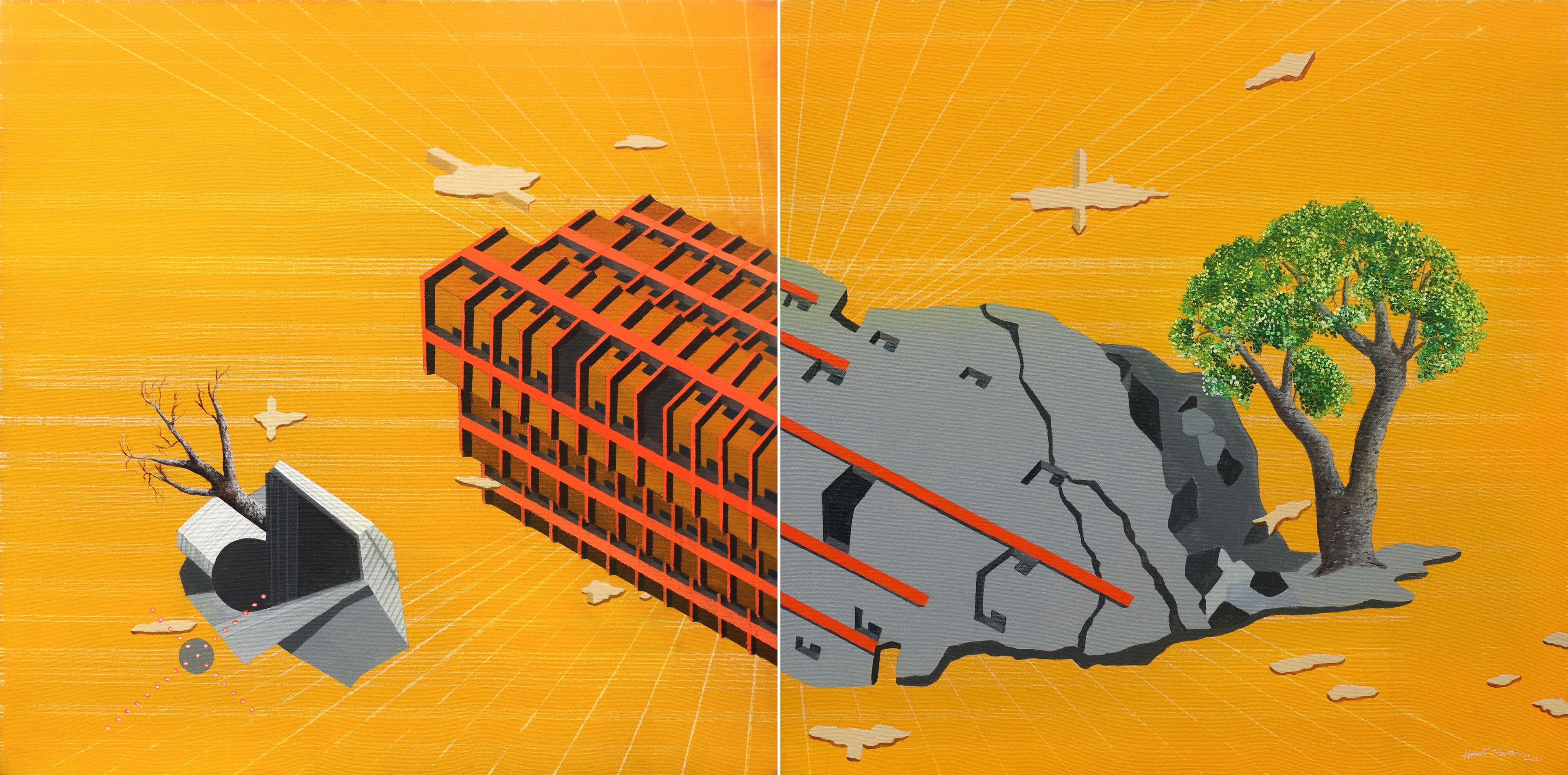 herd of sheep on road painting