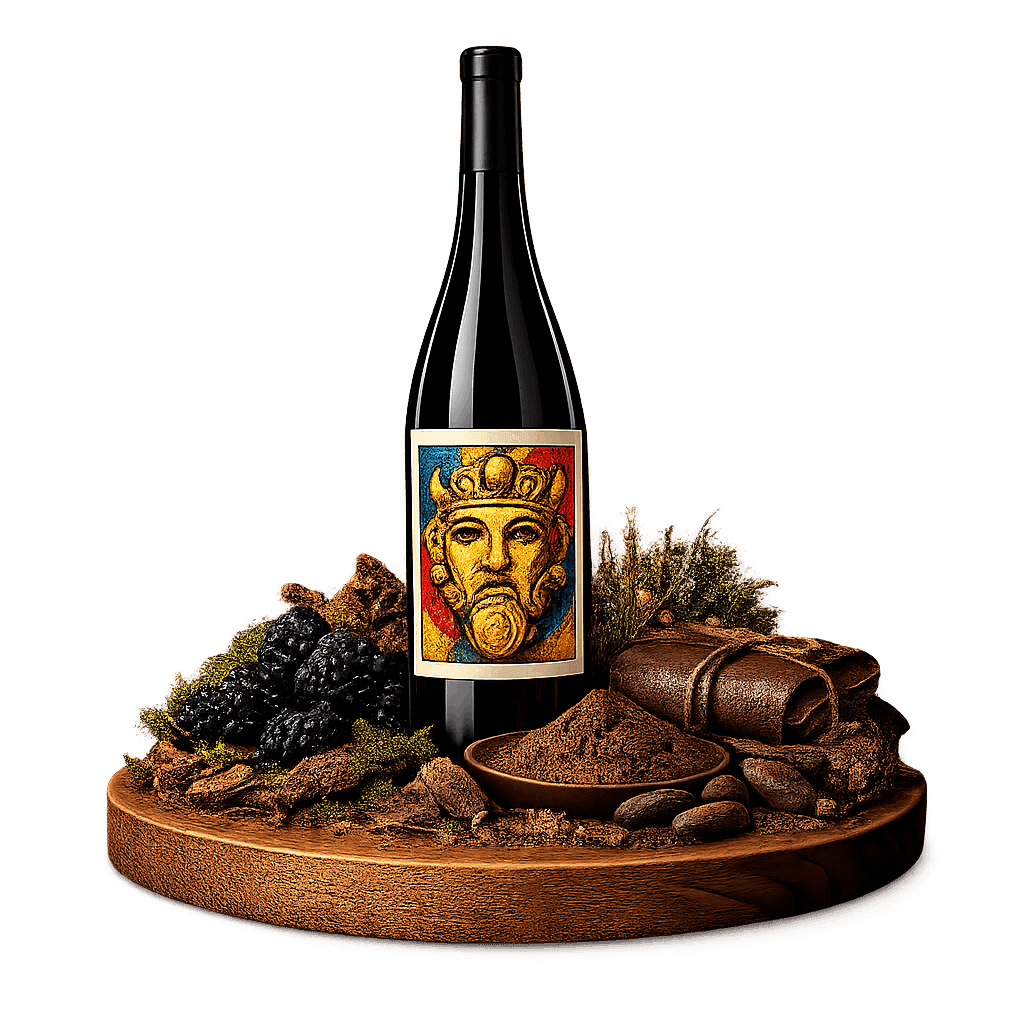 Artistic label and flavor profile for Thracian Valley Mavrud on a rustic wooden table.