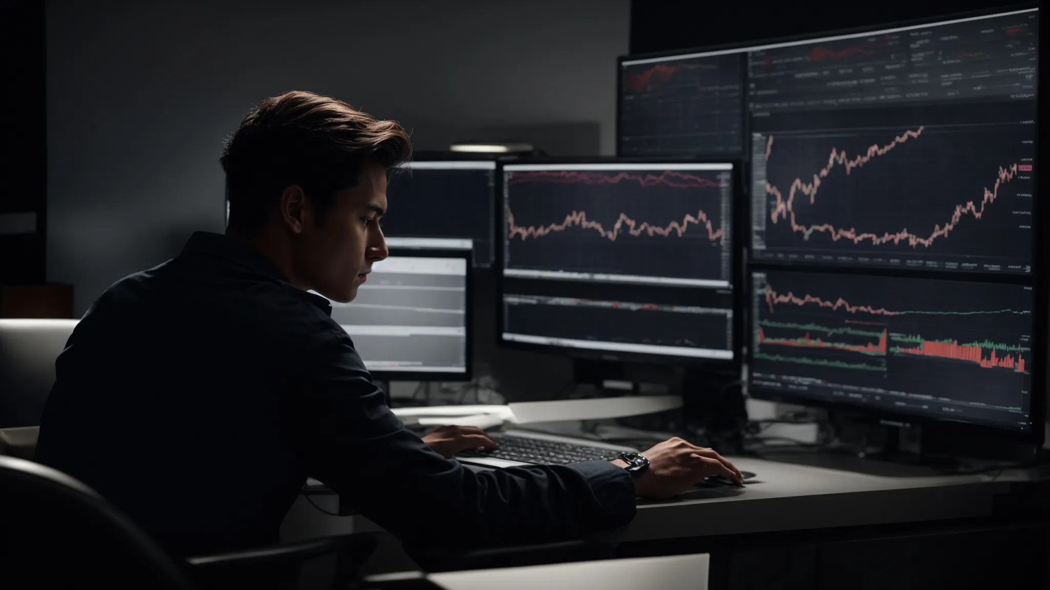 a person sitting at a desk, intently analyzing financial charts on a computer screen.