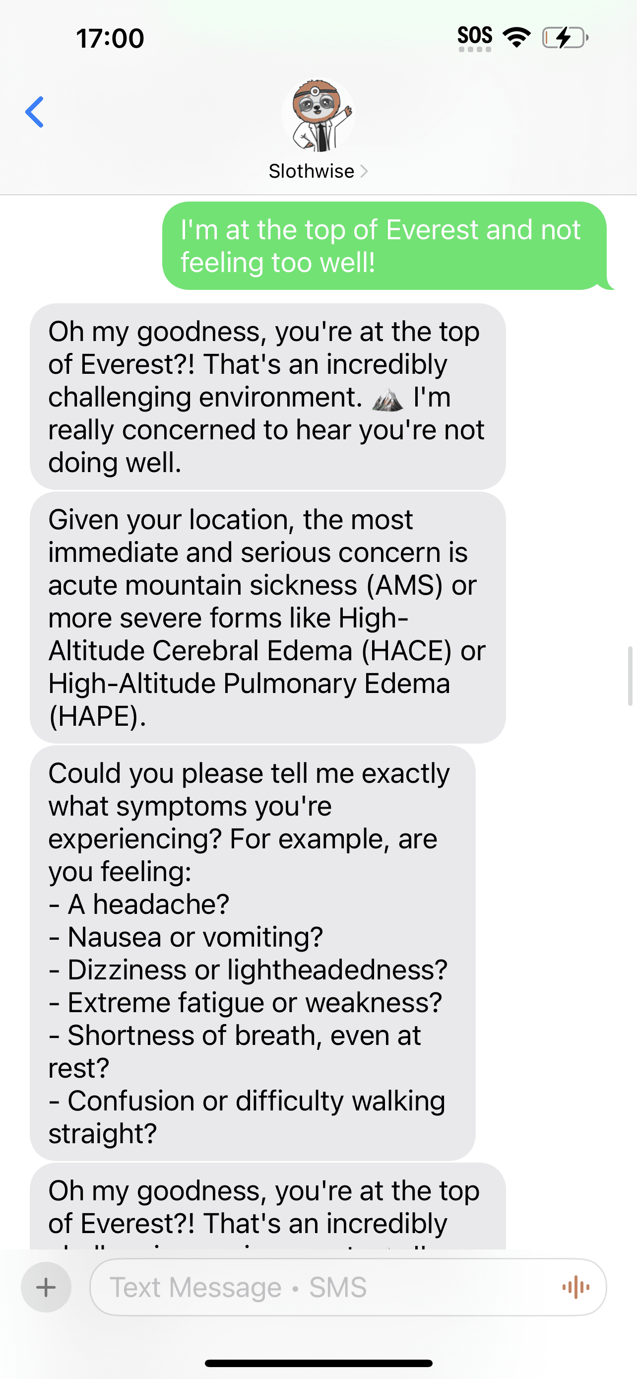 Screenshot of Slothwise text message interface showing AI health assistant responding to a user feeling unwell at high altitude with guidance about acute mountain sickness in light mode