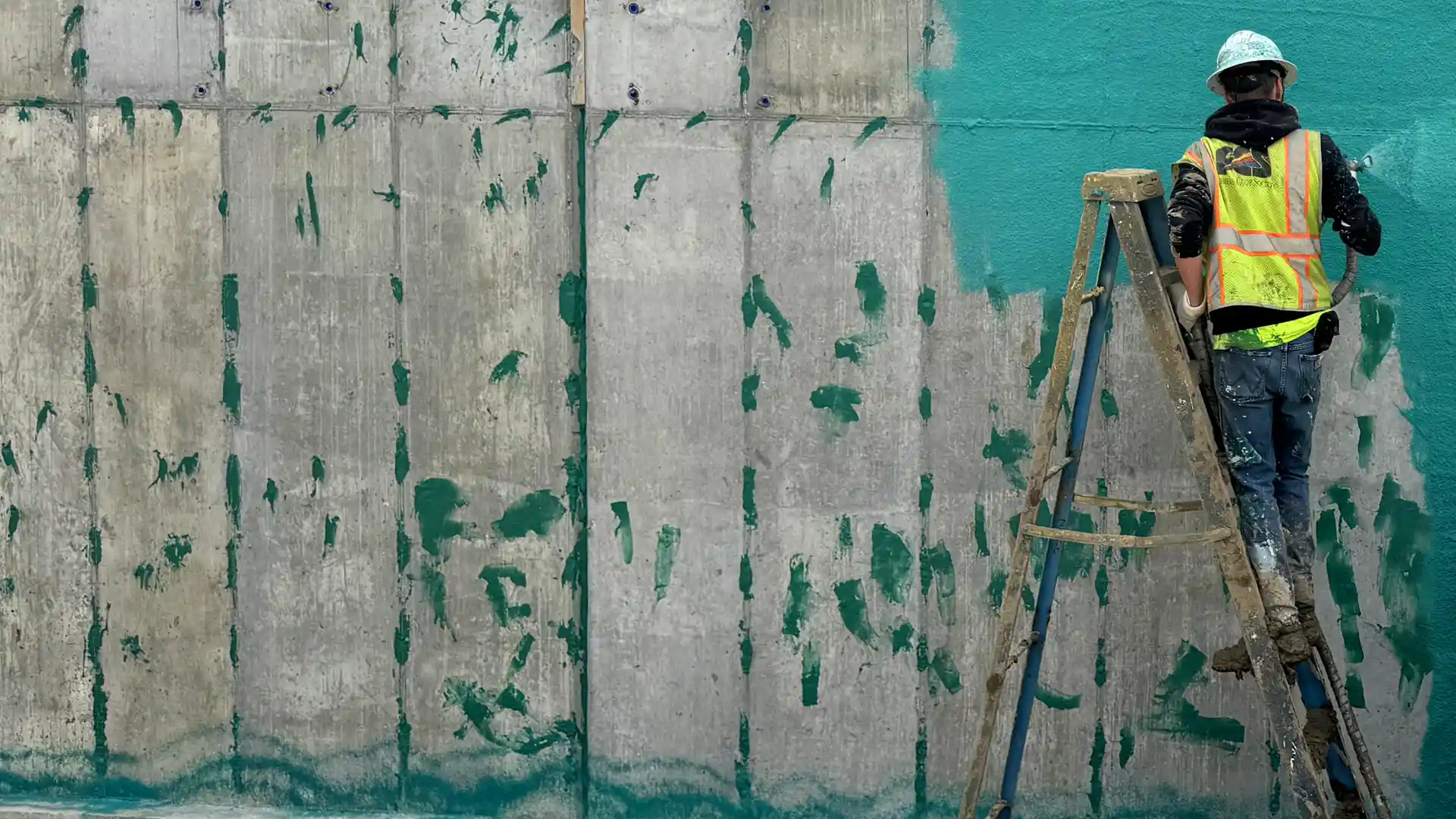 A foundation that has been pre-treated with Rub-R-Patch waterproofing putty as a crack filler