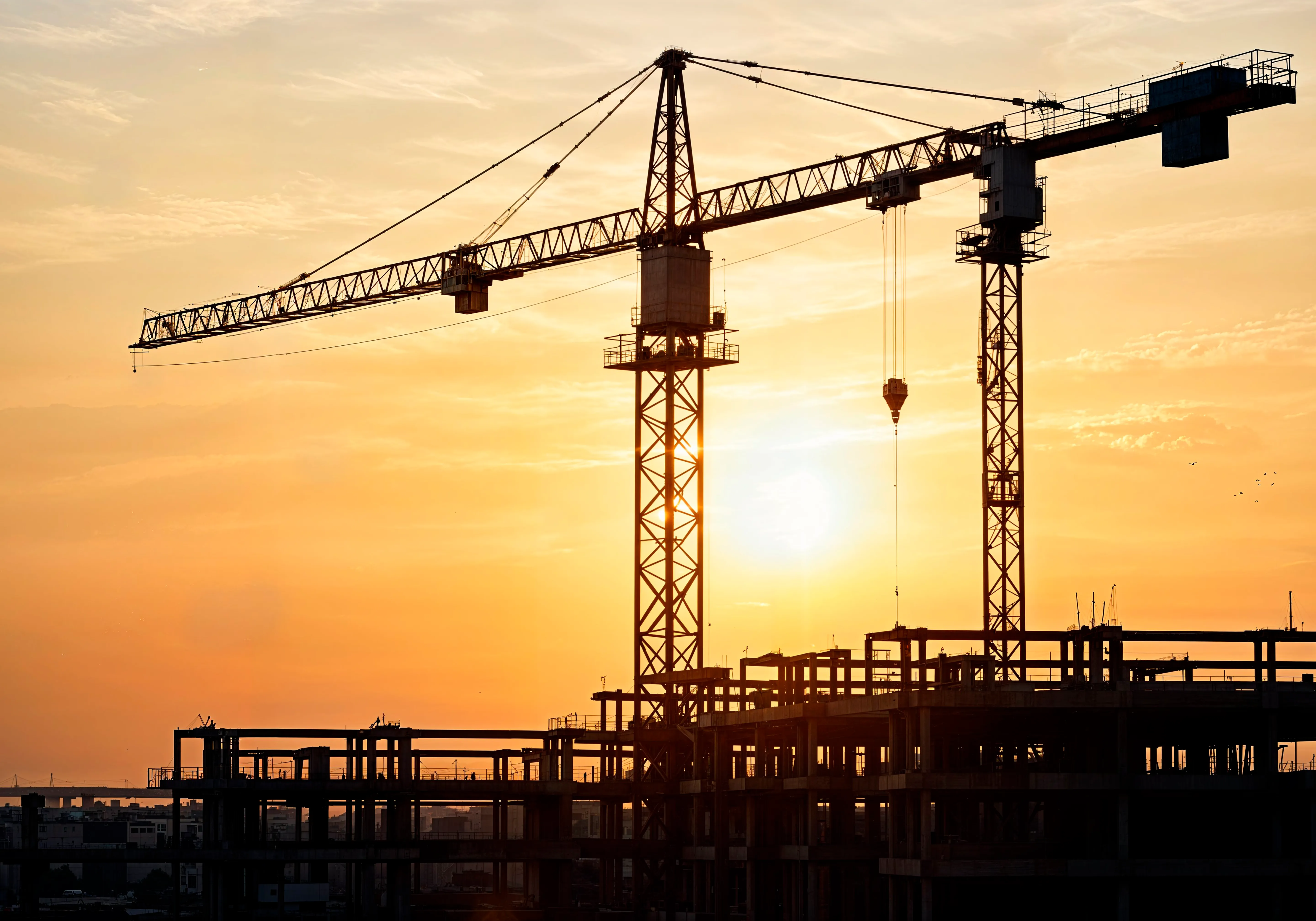 Tower cranes silhouetted against a golden sunset at an urban commercial construction site.
